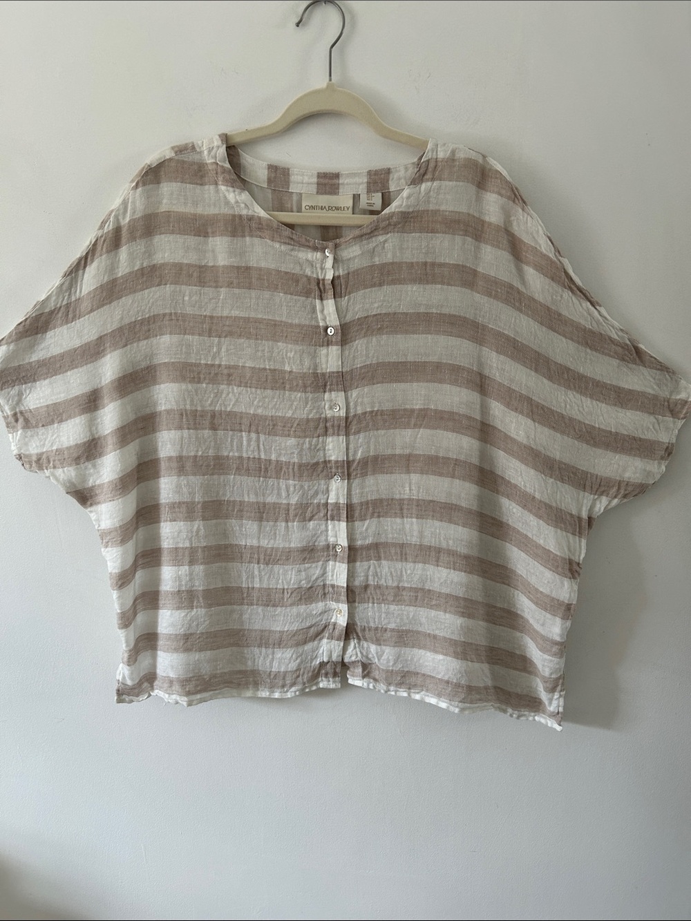 Cynthia Rowley Boxy Oversized Linen Blouse White/Tan Striped Coastal Button Top
